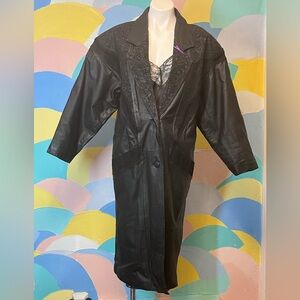 Vintage 80s long leather black trenchcoat with slip lace velvet Paisley pattern